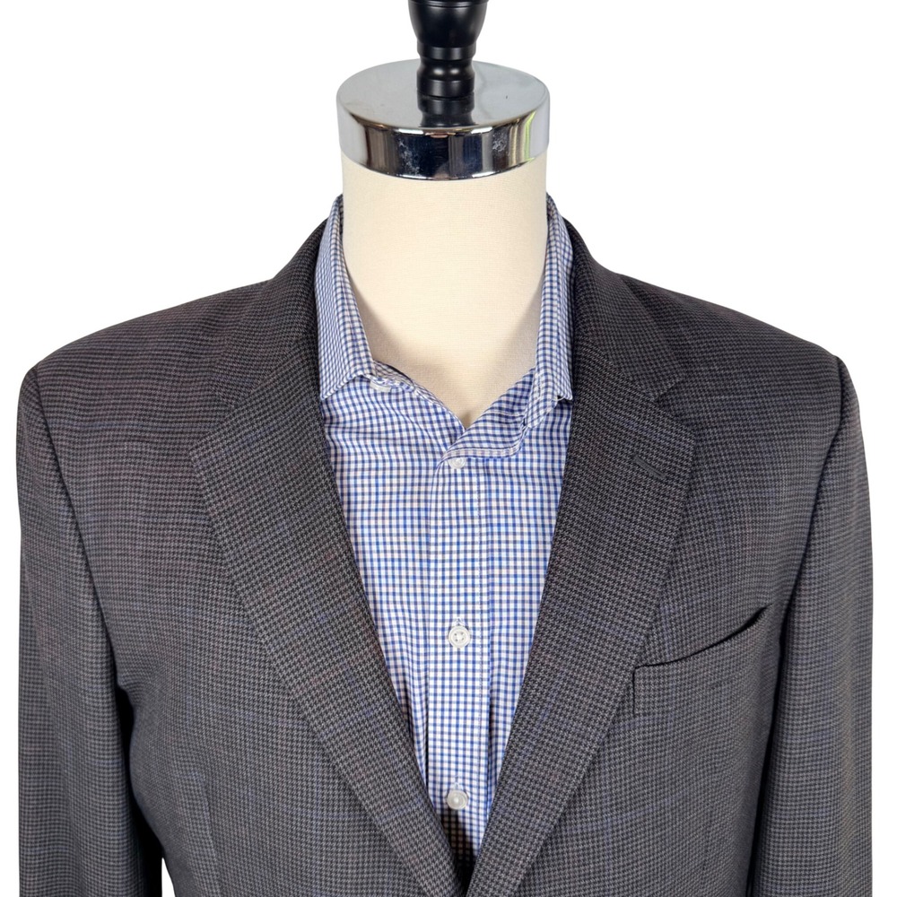 Jos A Bank Mens 46R Sport Coat Blazer 100% Wool Grey Blue Plaid Houndstooth